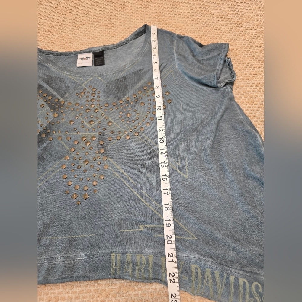 HARLEY DAVIDSON Multi-Stud V Neck Short Sleeve Sharkbite Hem Green Tee Sz Large - Picture 5 of 9